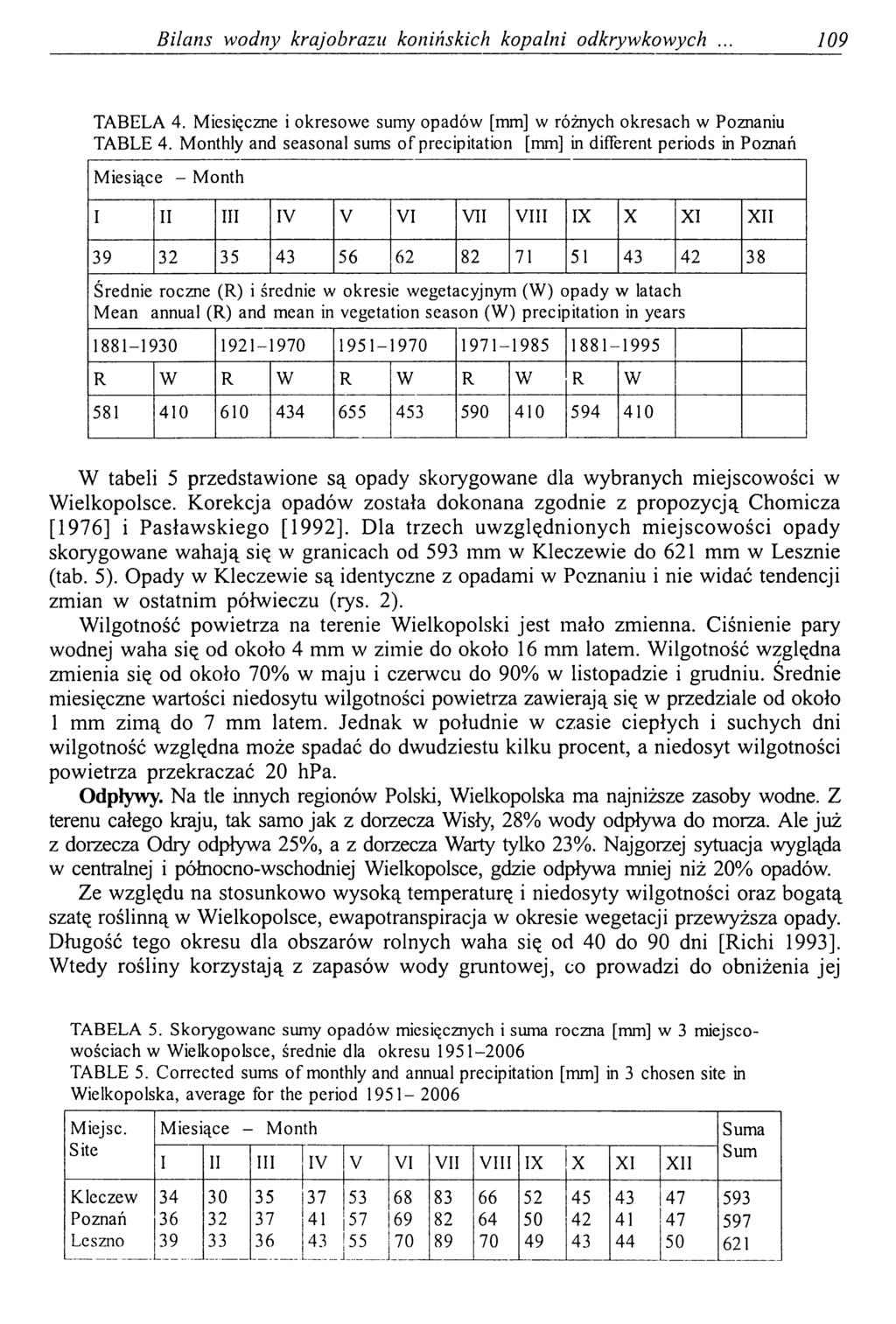 Bilans wodny krajobrazu konińskich kopalni odkrywkowych 109 TABELA 4. Miesięczne i okresowe sumy opadów [mm] w różnych okresach w Poznaniu TABLE 4.