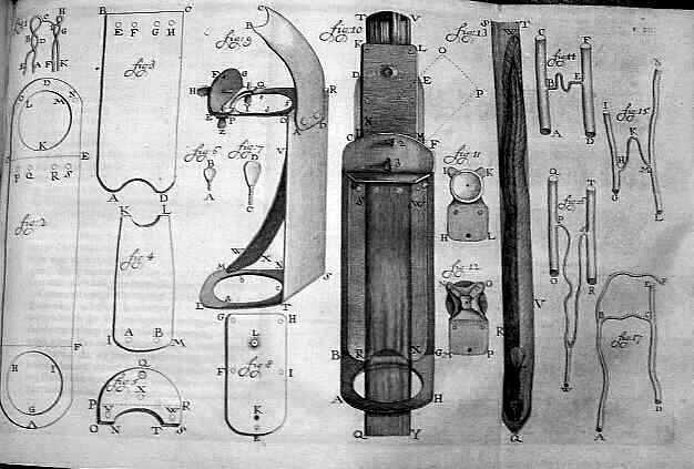 Rysunek 4.3.3. Schemat mikroskopu van Leeuwenhoeka z 1756 roku; źródło Wikipedia Rysunek 4.3.4. Przekrój przez liść Jesionu obraz mikroskopowy z pracy van Leeuwenhoeka; źródło Wikipedia.
