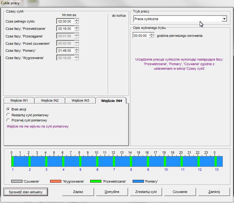 1.8. Nastawy cyklu pracy sensora Należy wybrać opcję Cykle pracy z menu głównego. Wygląd okna różni się w zależności od wybranego trybu pracy sensora. 1.8.1. Tryb Praca cykliczna W tym trybie można zdefiniować następujące parametry: 1.