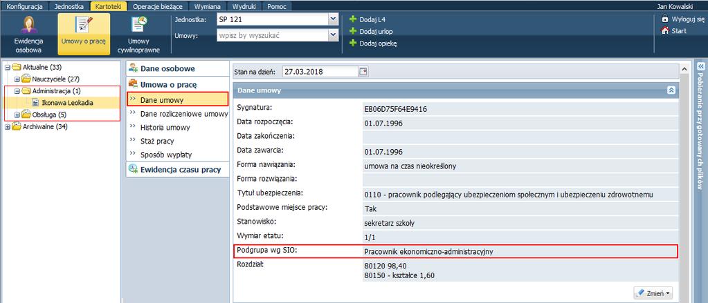 administracji i obsługi wskazano odpowiednią podgrupę SIO (na karcie Dane