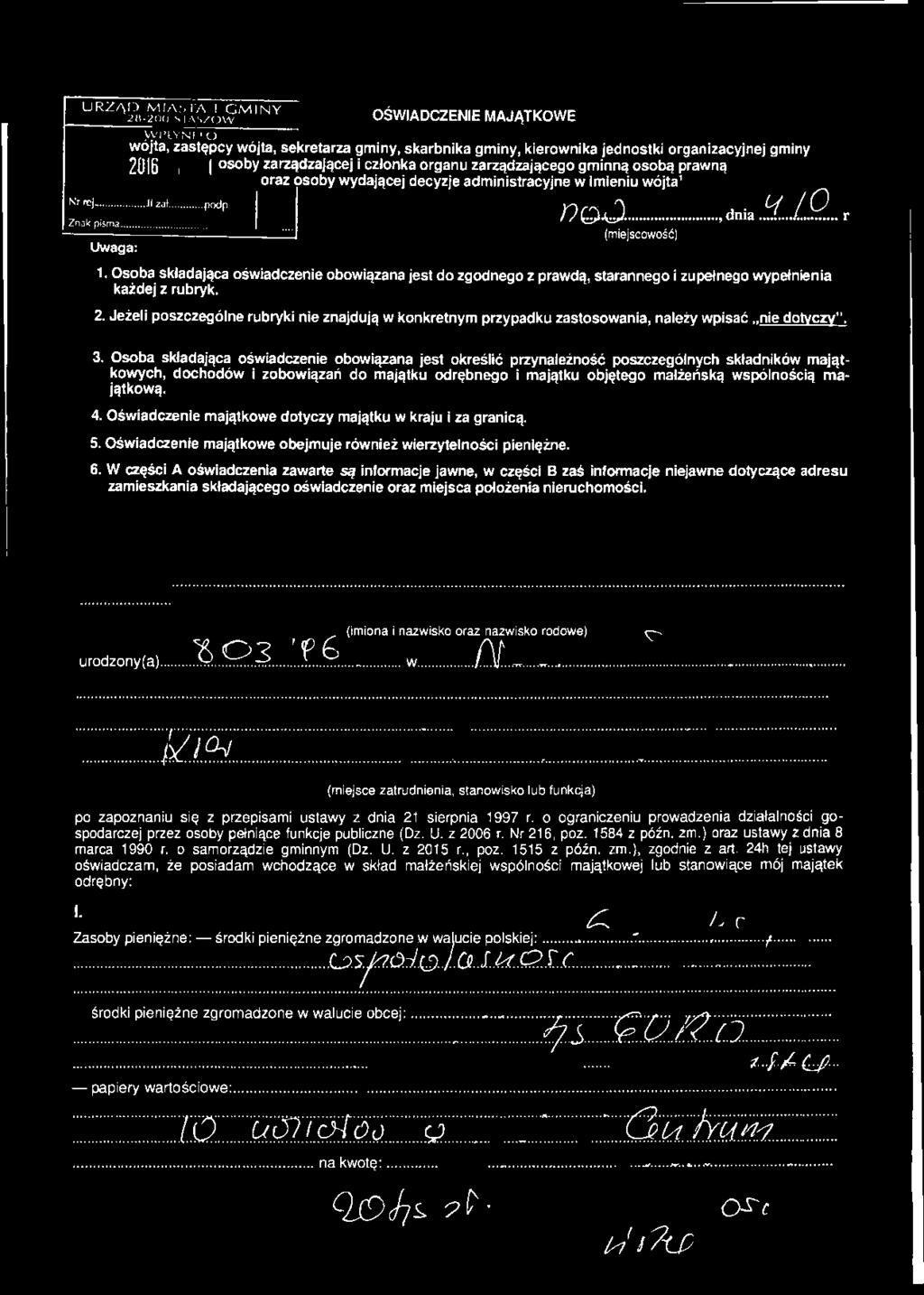 wydającej decyzje administracyjne a u y j i i ^ w vv imieniu iiiii^ i i i u wójta1w u j i a Nr rej...j zał. Znak pisma... Uwaga:.podp D q O - (miejscowość)......, dnia V / O r 1.