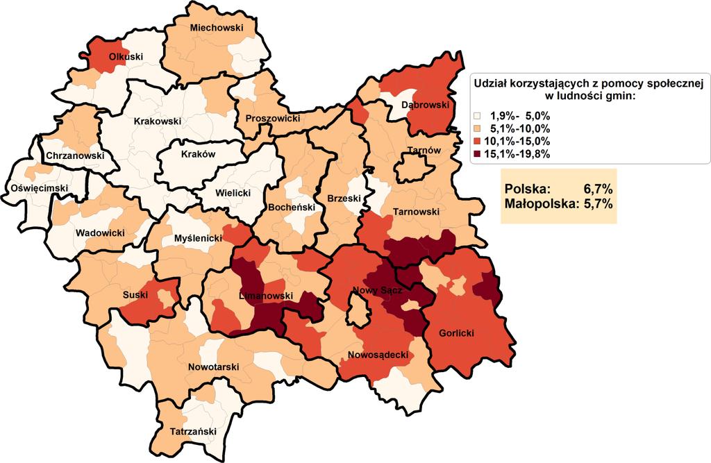 Korzystający ze świadczeń pomocy społecznej W Małopolsce pomiędzy gminami o najniższym i najwyższym wskaźniku