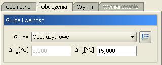 właściwą dla wprowadzanego obciążenia termicznego grupę obciążeń. W polu T [C] należy podać w stopniach Celsjusza różnicę temperatur, o jaką podgrzano wybrane pręty.