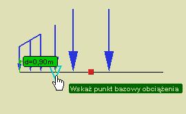 Obciążenia układu Następnie program prosi użytkownika o podanie punktu bazowego wstawiania obciążenia przez wyświetlenie przy kursorze polecenia: Wskaż punkt bazowy obciążenia.