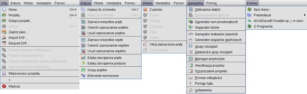 Instalowanie i uruchamianie programu Uruchamianie obliczeń statycznych Wymiarowanie zbiorcze Ustawienia programu i projektu Pomoc kontekstowa Wszystkie ikonki górnego paska narzędziowego zawierające