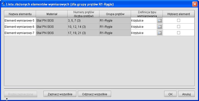 Wymiarowanie zbiorcze Definicja typu wymiarowania dla elementów użytkownik może dla wszystkich elementów wymiarowych w grupie przypisać z listy, charakterystyczny dla danego modułu wymiarującego typ
