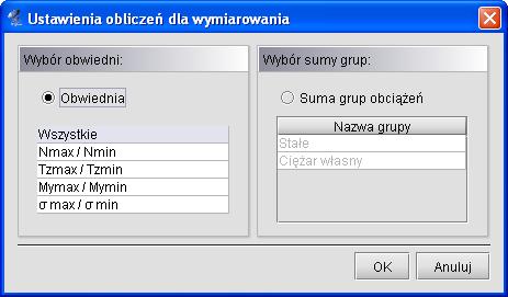 zestawów sił dla których mają być przeprowadzone obliczenia, a w przypadku pozostałych układów takiego okna nie ma i program bezpośrednio przechodzi do wykonania obliczeń.