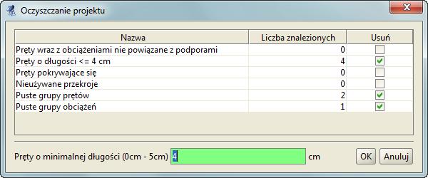 Instalowanie i uruchamianie programu Pręty pokrywające się. Nieużywane w projekcie przekroje prętów. Puste grupy prętów. Puste grupy obciążeń.