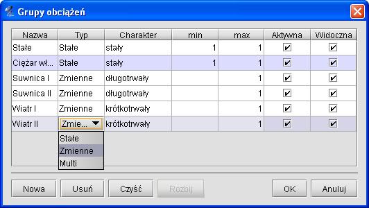 Podstawy W programie mogą występować cztery typy grup obciążeń: grupy obciążeń stałych, zmiennych, grupy obc. zmiennych typu multi oraz jedna grupa ciężaru własnego.