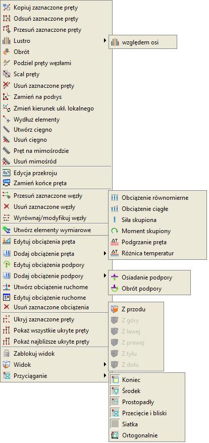 Podstawy Rys. 3.35 Menu kontekstowe dla zakładki Geometria i Obciążenia Wygląd menu zmienia się w zależności od tego jakie elementy są wybrane.