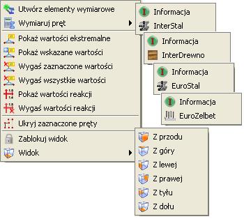 Podstawy Rys. 3.36 Menu kontekstowe dla zakładki Wyniki Utwórz elementy wymiarowe pozwala na utworzenie elementów wymiarowych z kilku prętów ciągłych i współliniowych o takich samych własnościach.