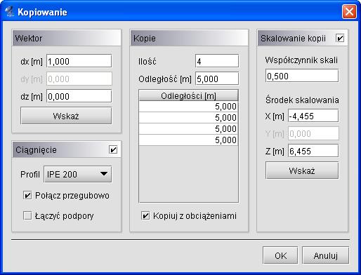 Podstawy Rys. 3.37 Kopiowanie wielokrotne z ciągnięciem i skalowaniem Okno dialogowe kopiowania wielokrotnego jest podzielone na trzy grupy. Wektor W tej grupie określa się kierunek kopiowania.
