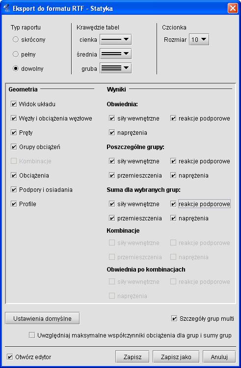 Podstawy Rys. 3.55 Eksport do formatu RTF Parametry raportu określa się w oknie Eksport do formatu RTF wywoływanym z menu Plik Raport obliczeń lub z głównego paska narzędziowego programu.