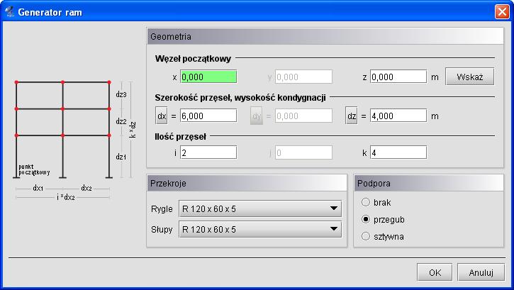 Tworzenie przykładowej konstrukcji Rys. 5.3 Generator ram prostokątnych Generator umożliwia generowanie ram prostokątnych wielonawowych i wielokondygnacyjnych w dowolnym miejscu płaszczyzny xz.