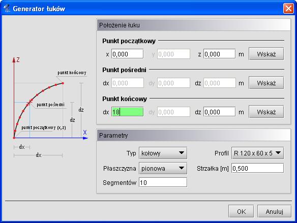 Tworzenie przykładowej konstrukcji Rys. 5.6 Generator łuków Umożliwia on tworzenie łuków kołowych oraz parabolicznych, składających się z zadanej ilości segmentów.