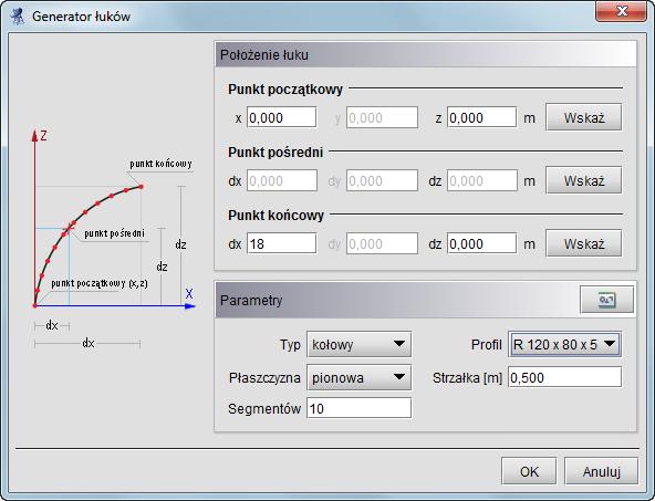 Tworzenie przykładowej konstrukcji Rys. 5.6 Generator łuków Umożliwia on tworzenie łuków kołowych oraz parabolicznych, składających się z zadanej ilości segmentów.