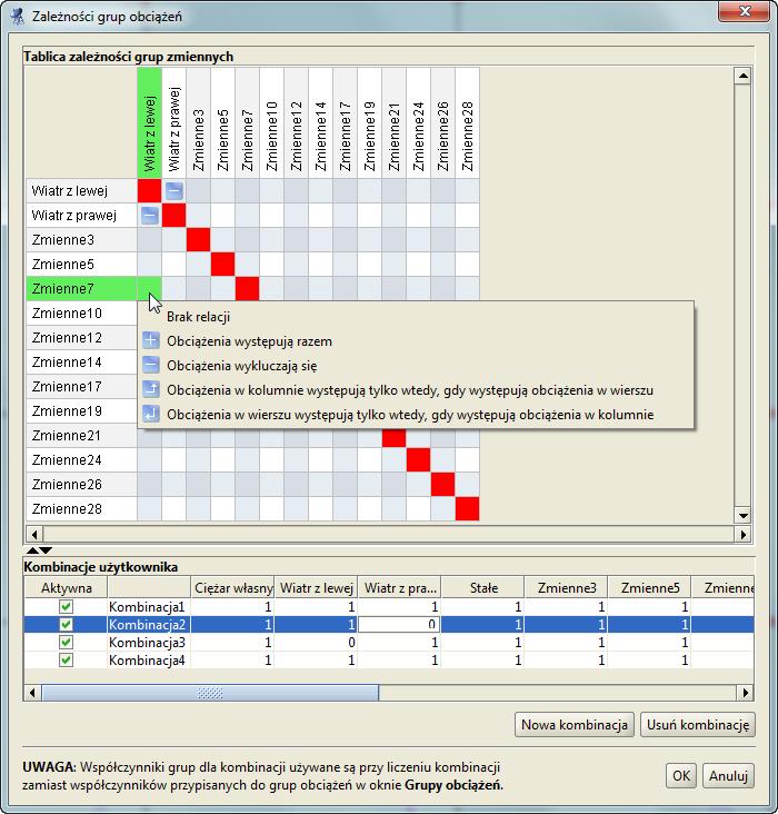 Obciążenia układu 7.2 ZALEŻNOŚCI GRUP OBCIĄŻEŃ W programie istnieje możliwość określania wzajemnych zależności grup obciążeń zmiennych.