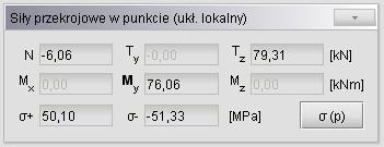 Analiza wyników Rys. 11.7 Siły przekrojowe w punkcie Po zaznaczeniu podpory (węzła podporowego) wyświetlane są wartości obwiedni reakcji.