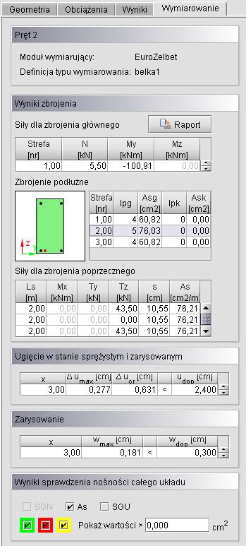 typ wymiarowania. Gdy dla elementu w trakcie wymiarowania, wystąpi jakiś dodatkowy komunikat, jest on również wyświetlany w pierwszej sekcji zakładki.