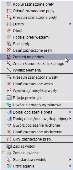 Instalowanie i uruchamianie programu 2.11.2 Funkcja zamiany prętów na podrys Dla zaznaczonej grupy prętów układu istnieje również możliwość zamiany tych elementów na linie podrysu.