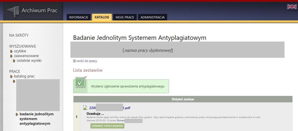 Komunikat o zakończonym badaniu zostaje przesłany na adres