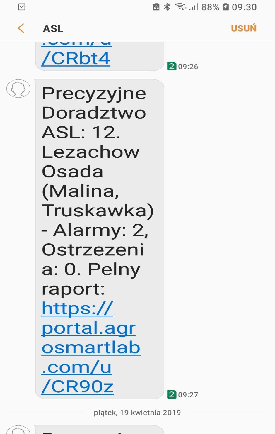 Komunikacja SMS na temat zagrożeń SMS wysłany w dniu wystąpienia zagrożenia: Alarm (wystąpienie infekcji lub bardzo wysokie ryzyko wystąpienia infekcji) Ostrzeżenie (średnie ryzyko