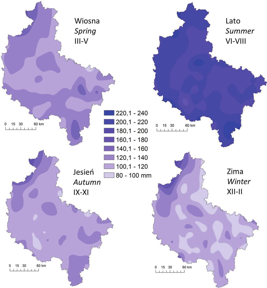 Zmienność czasowa i przestrzenna opadów atmosferycznych w Wielkopolsce... 505 137 mm), na Wysoczyźnie Tureckiej (Turek 134 mm) i Wzgórzach Ostrzeszowskich (Ostrzeszów 147 mm).