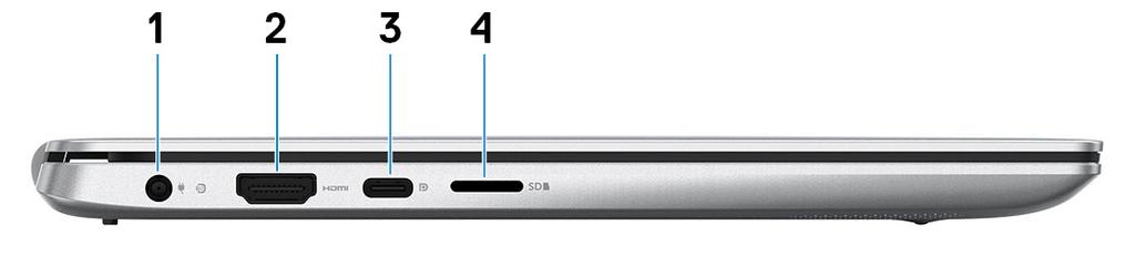 Widoki komputera Inspiron 5390 2 W lewo 1 Złącze zasilacza Umożliwia podłączenie zasilacza do komputera. 2 Port HDMI Umożliwia podłączenie telewizora lub innego urządzenia wyposażonego w wejście HDMI.