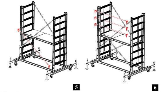 (Ryc. 5) Zamocuj i zablokuj stężenia (2x205 cm) po obu stronach za pomocą systemu Q-Lock w otworach szczebli wąskich