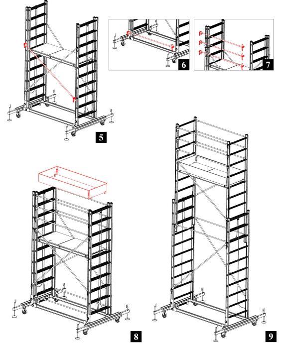 (Ryc. 5) Zamocuj i zablokuj stężenia ukośne (2x205 cm) po obu stronach za pomocą systemu Q-Lock w otworach szczebli wąskich drabin wysuwanych (trzeci z siódmym). (Ryc.