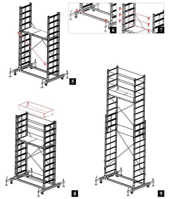 (Ryc. 5) Zamocuj i zablokuj stężenia (2x205 cm) po obu stronach za pomocą systemu Q-Lock w otworach szczebli wąskich drabin wysuwanych (trzeci szczebel z siódmym). (Ryc.