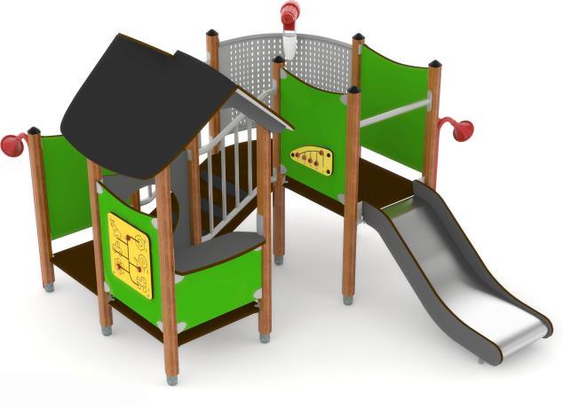 Zestaw zabawowy dla dzieci od 1-3 lat Przedział wiekowy 1-3 lat Wysokość upadku 0,6 m Strefa bezpieczeństwa 5,40 x 6,0 m Wymiary urządzenia (wys/szer/dł ) 1,78 x 2,8 x 2,6 m Materiały : Fundament