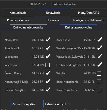 KONTROLER umożliwia ustawienie maksymalnie 24 dni wolnych, w które obowiązuje jeden harmonogram - harmonogram dla dnia wolnego.