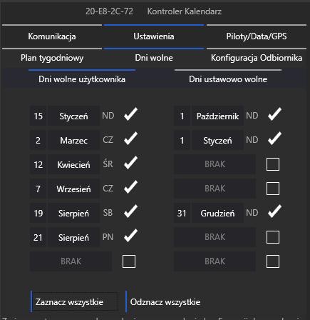 Można wybrać dni ustawowo wolne, w które będzie obowiązywał harmonogram dla dnia wolnego, np: W zakładce Ustawienia Konfiguracja Odbiornika można zmienić nazwę KONTROLERA (max.