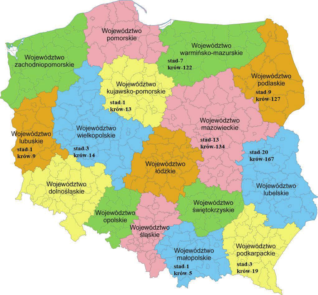 Krótka historia programów ochrony bydła i ras objętych tymi programami Rozmieszczenie bydła rasy białogrzbietej Distribution of White-backed cattle Krótka historia bydła rasy polskiej czarno-białej