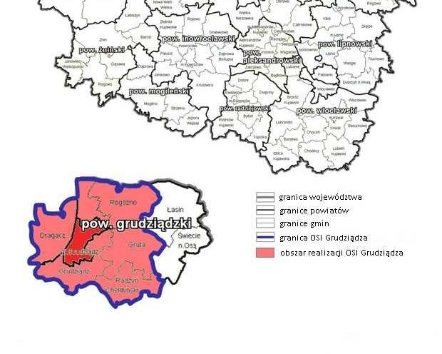 Zasięg terytorialny OSI Grudziądza i obszaru powiązanego z nim funkcjonalnie OSI Grudziądza max.