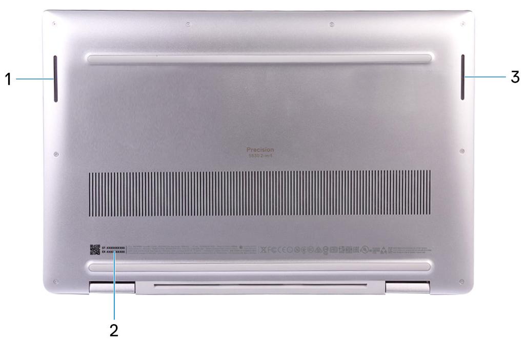 Dół 1 Głośnik lewy 2 Etykieta ze znacznikiem serwisowym 3 Głośnik prawy W lewo 1 Port Thunderbolt 3