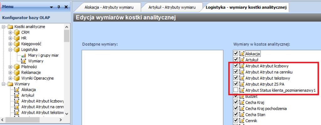 Rysunek 6 Wymiary w kostce analitycznej Atrybuty przypisane do wymiarów są także automatycznie przeniesione na prawy panel, tym samym uwidocznione na bazie analitycznej. 9.
