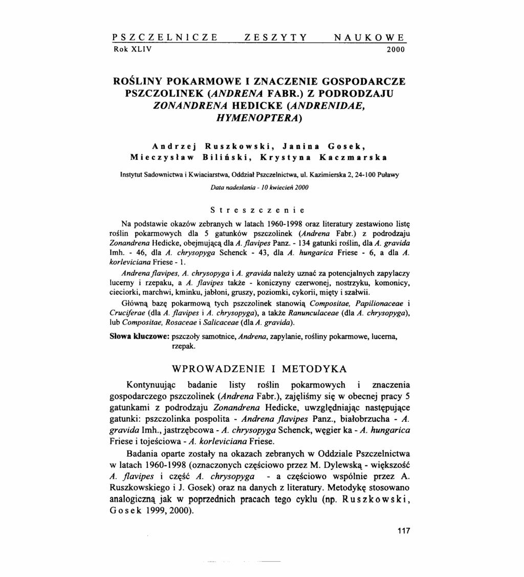 PSZCZELNCZE ZESZYTY NAUKOWE Rok XLV 2000 ROŚLNY POKARMOWE ZNACZENE GOSPODARCZE PSZCZOLNEK (ANDRENA FABR.