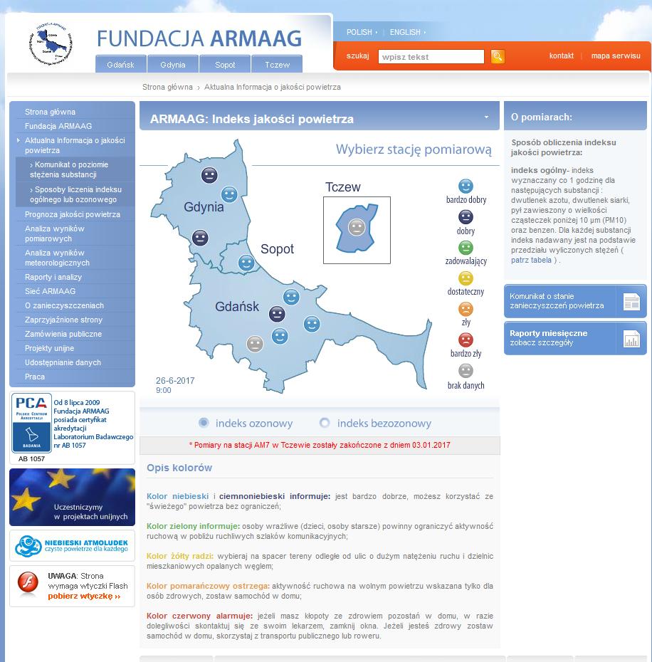 6. Indeks jakości powietrza 6. INDEKS JAKOŚCI POWIETRZA W roku 2016 kontynuowano promocję czytelnego komunikatu o jakości powietrza w postaci Atmoludka.