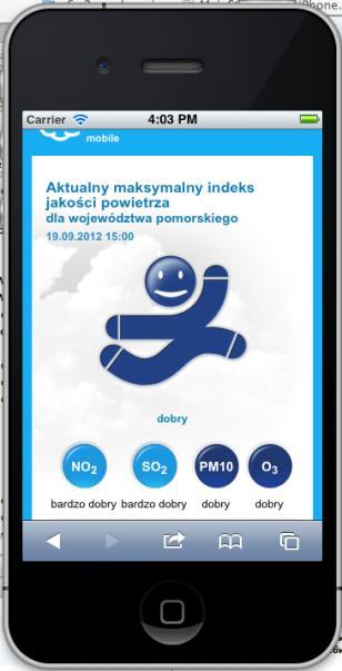 2. Działalność Fundacji ARMAAG w roku 2016 Ryc.15. Indeks jakości powietrza dla województwa pomorskiego (w wersji mobilnej) Ryc.16. Wersja mobilna indeksu jakości powietrza dla wybranej stacji w serwisie www.