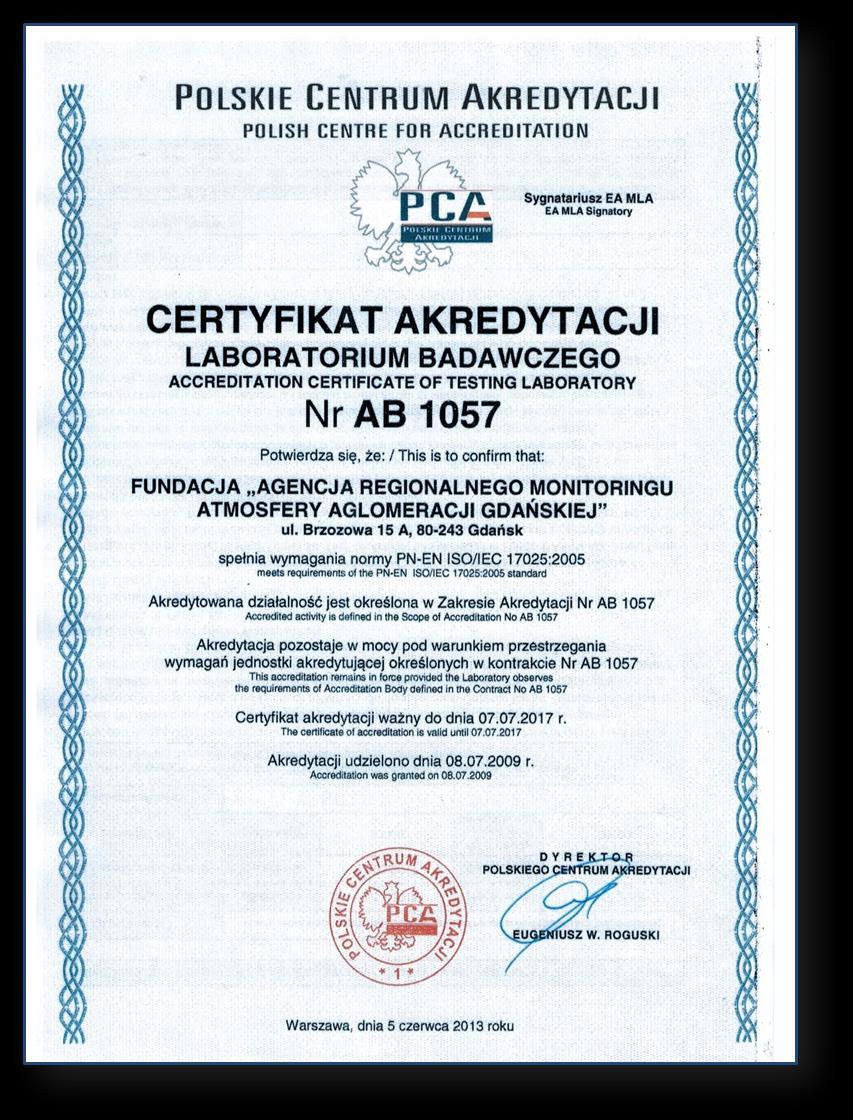 2. Działalność Fundacji ARMAAG w roku 2016 Ryc.41. Certyfikat akredytacji wystawiony przez Polskie Centrum Akredytacyjne.