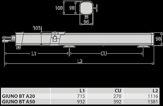 GIUNO d-track U-link er ready rolling code 4 V 500 4 h Napędy hydrauliczne Model Siłownika Parametr GIUNO ULTRA BT A0 GIUNO ULTRA BT A50 Masa skrzydła () 300 300(5m) 800(m) Zasilanie 30V ±10% 50 Hz