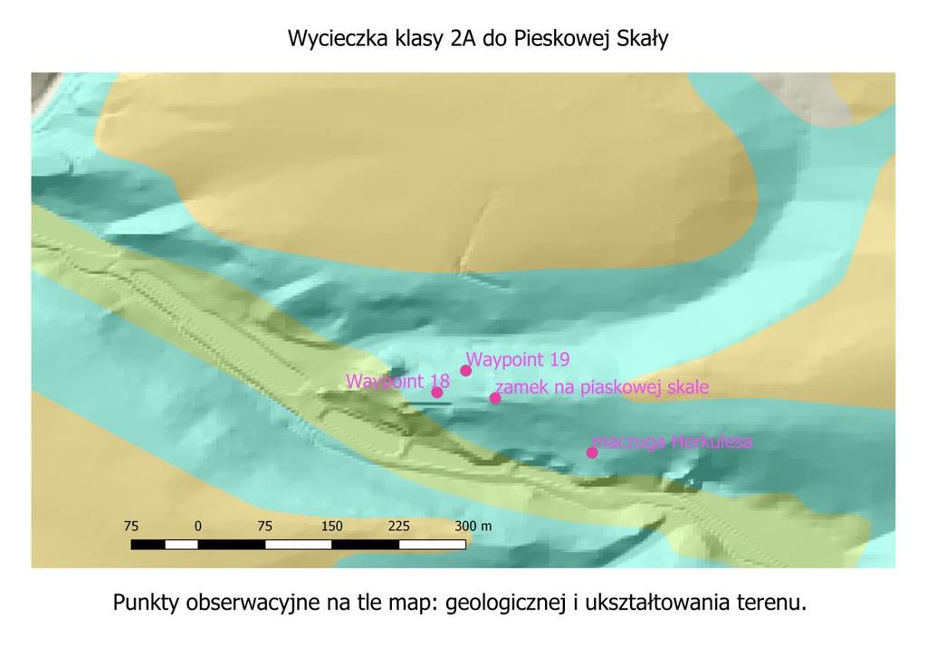 Mapa 11. Mapa geologiczna z punktami obserwacyjnymi. Wykonana w QGIS 2.