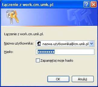 pl lub nazwa.jednostki@cm.umk.pl, a hasło jest takie samo jak do konta pocztowego, które zostało podane na wniosku o założenie konta e-mail.
