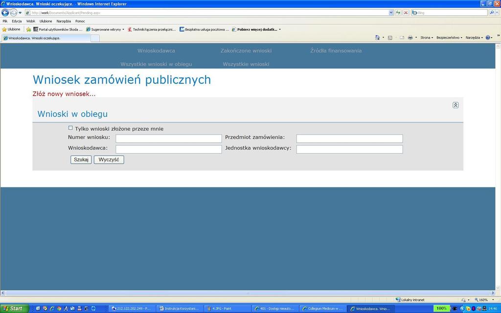 S T R O N A G Ł Ó W N A A P L I K A C J I Strona główna, która pojawia się po zalogowaniu do aplikacji systemu Workflow składa się z trzech sekcji: - sekcji nawigacji - sekcji składania wniosków -
