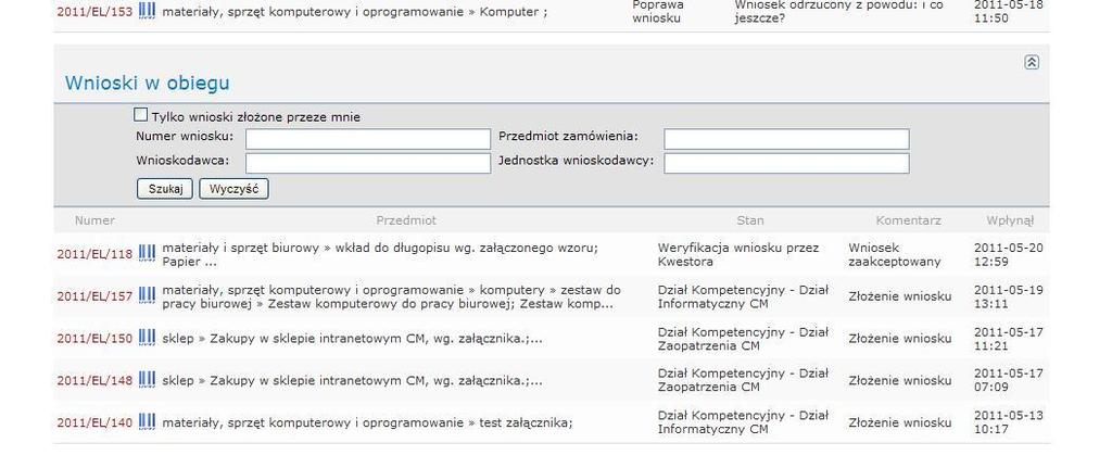 Czwarta kolumna informuje o tym, jaki będzie następny etap. Ostatnia kolumna z imieniem i nazwiskiem identyfikuje osobę odpowiedzialną za zatwierdzenie lub odrzucenie wniosku na danym etapie.