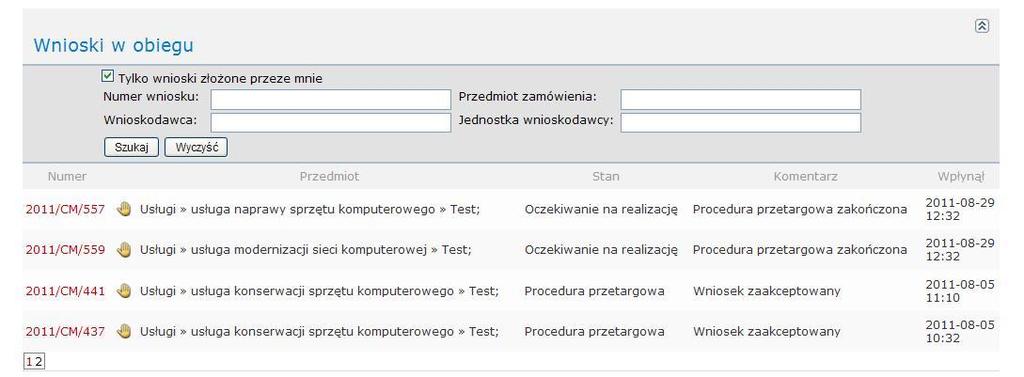 Domyślnie użytkownik widzi wszystkie wnioski w obiegu wystawione przez dział w którym pracuje.