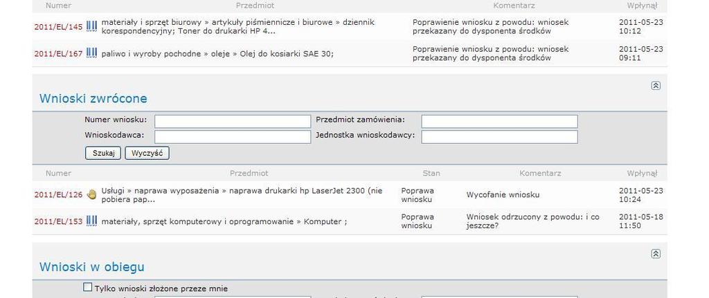 W N I O S K I Z W R Ó C O N E Wnioski, które zostały odrzucone zanim zostały skierowane do realizacji znajdują się sekcji Wnioski zwrócone.