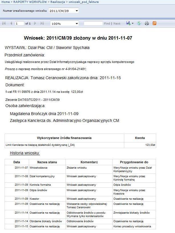 W zależności od rodzaju raportu system może wyświetlić różne elementy służące do filtrowania wniosków oraz danych w nich zawartych.